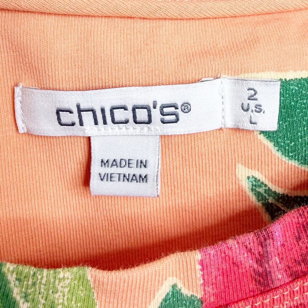 CHICO’S Floral Cap Sleeve Tee Crew Neck Classic Fit Orange Multi Womens Size L - Picture 5 of 8